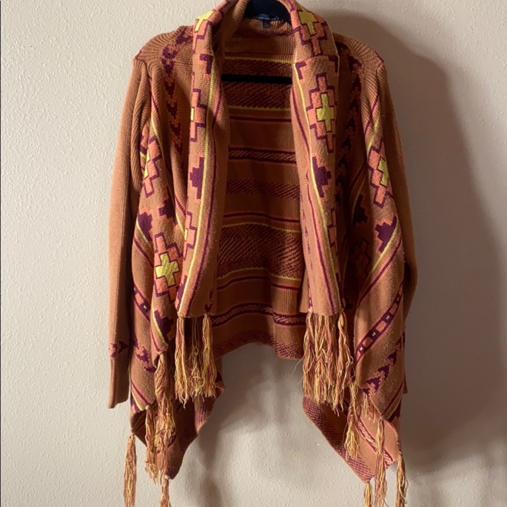 Lucca Couture Orange Aztec Fringe Open Cardigan with Yellow & Purple Accents